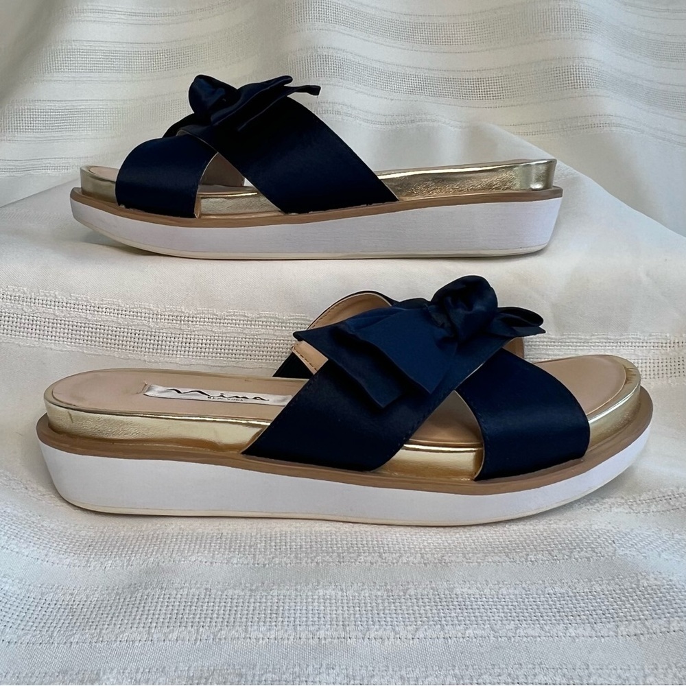 Platform Sandal Flip Flop Nina Navy Satin Gold Sz 5β EUC - Picture 4 of 13